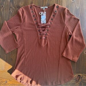 Gimmicks by BKE Terracotta Lace-Up Blouse